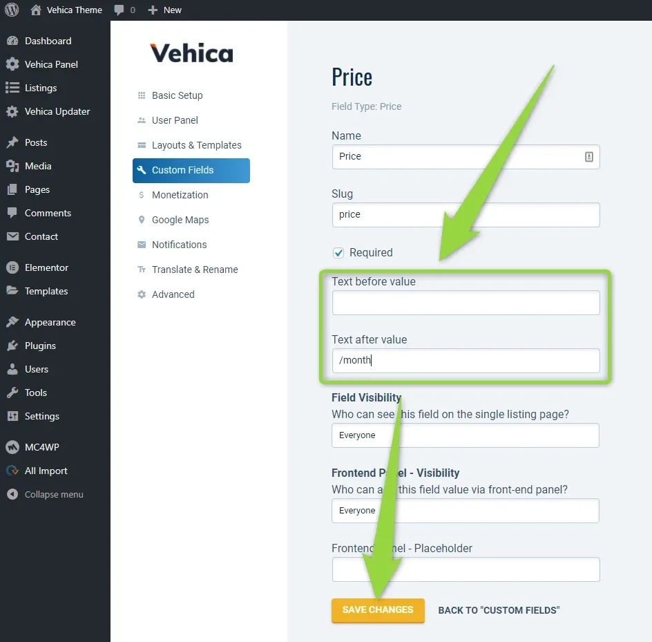The Price field settings with an empty "Text before value" box and "/month" typed into "Text after value"; arrows point at both boxes and at the Save Changes button.
