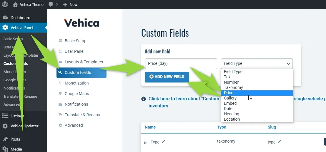 The "Add new field" row on the Custom Fields page with the name "Price (day)" typed in and the Field Type dropdown open on Price, next to the Add New Field button.