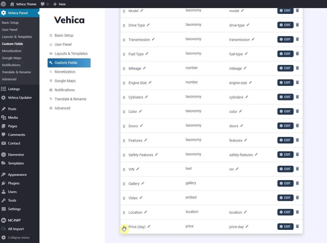 The Custom Fields list with the new "Price (day)" row at the bottom, below Model, Drive Type, Mileage, VIN and the rest, being picked up for dragging.