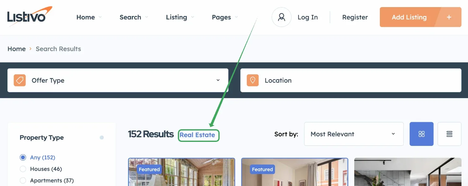 Search results page of a real-estate demo showing "152 Results" with the "Real Estate" H1 next to it marked out.