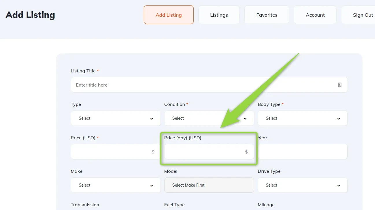 The front-end Add Listing form, where a highlighted "Price (day) (USD)" input now sits next to the existing "Price (USD)" field.