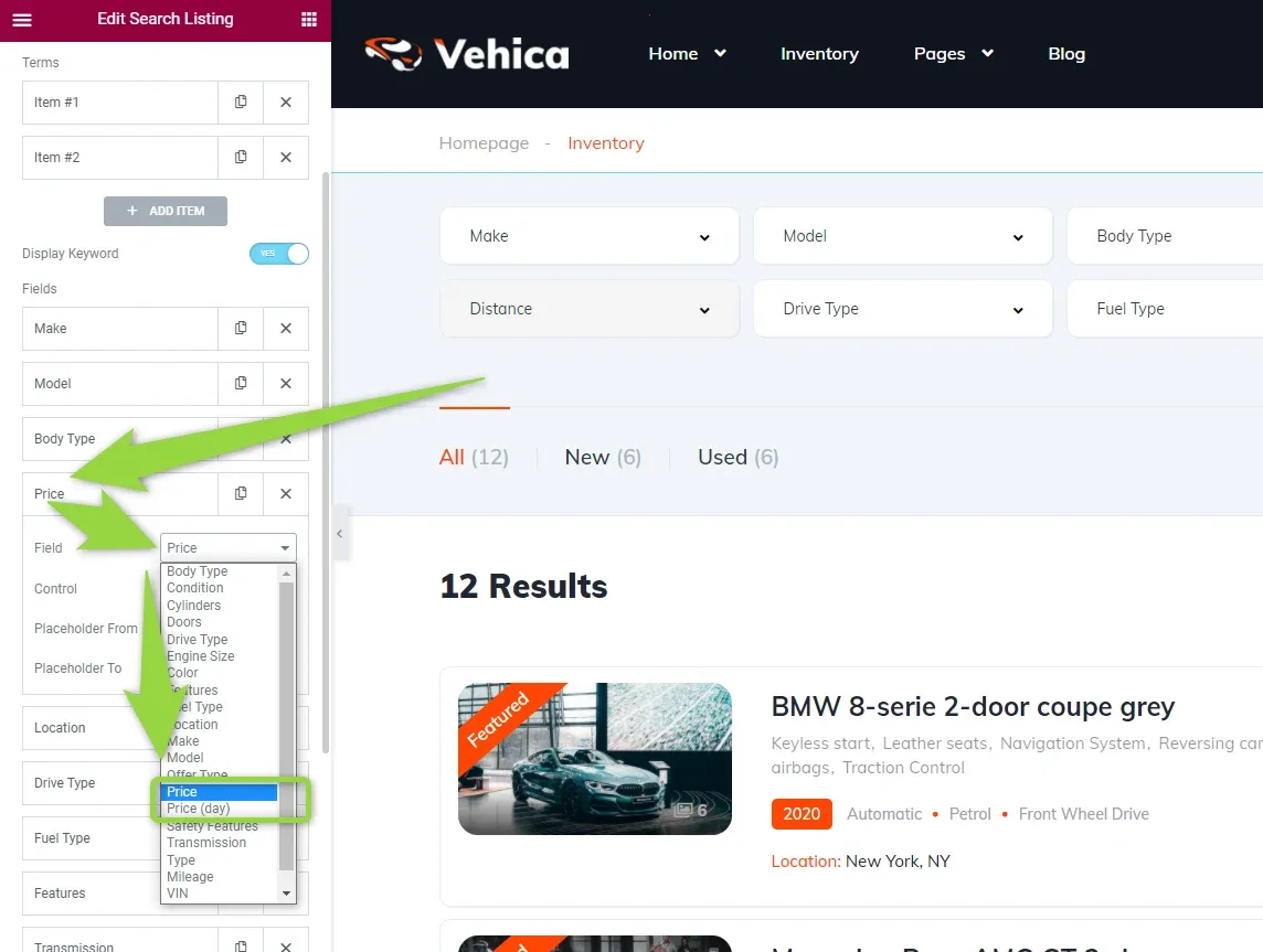 The Elementor "Edit Search Listing" panel with a new item added and its Field dropdown open, listing both Price and Price (day); the inventory page with the search form is previewed beside it.