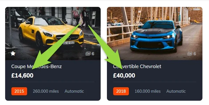 Two listing cards with arrows pointing at their prices: a Mercedes-Benz coupe at £14,600 and a Chevrolet convertible at £40,000.