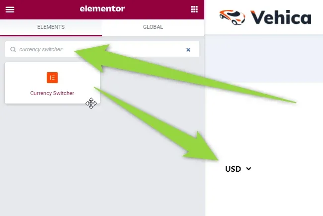 Elementor elements panel with "currency switcher" typed into the search box and the Currency Switcher widget as the only result, next to the switcher already placed on the page showing USD.