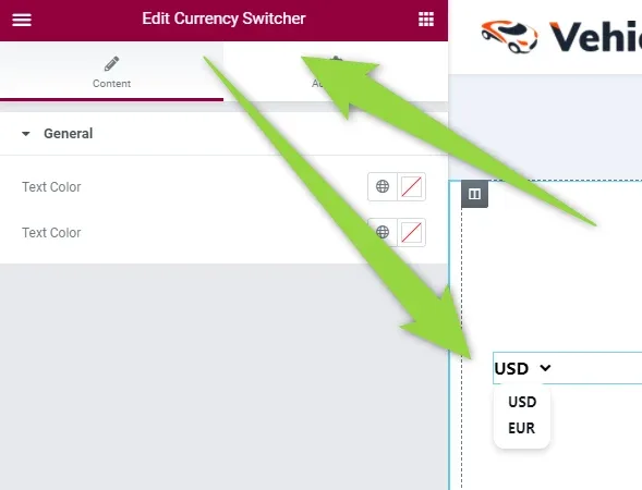 Elementor "Edit Currency Switcher" panel open on the Content tab with two Text Color settings, and the switcher on the page expanded to show USD and EUR.