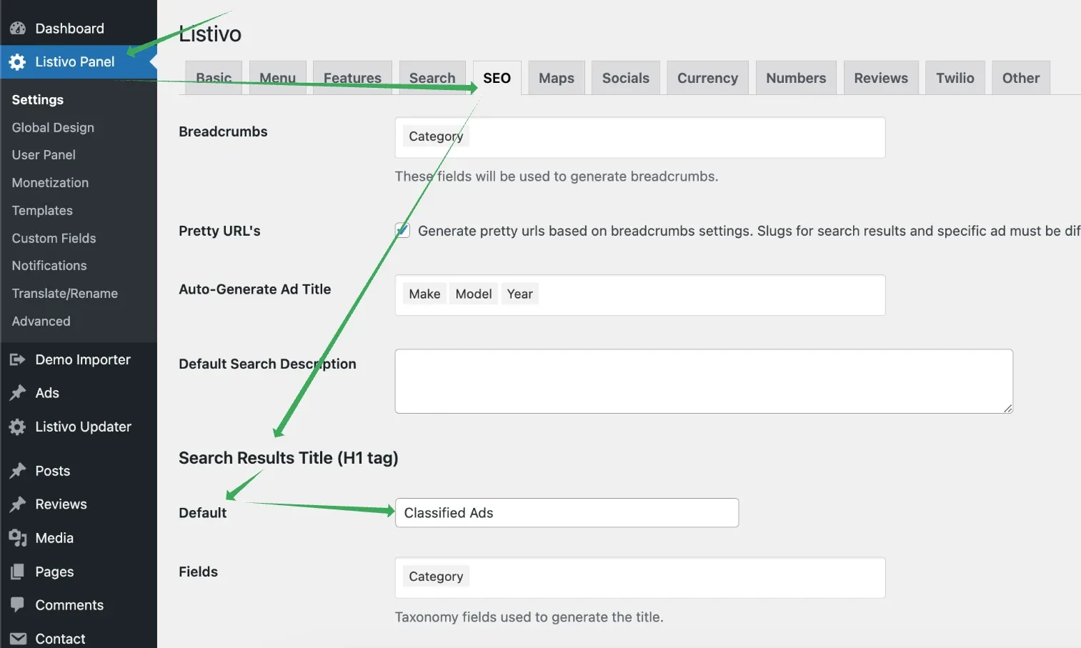 Listivo Panel settings on the SEO tab, with the "Search Results Title (H1 tag)" section and its Default field set to "Classified Ads".