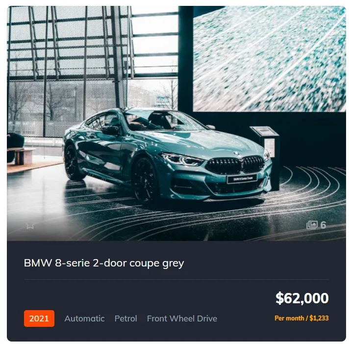 Vehica big listing card for "BMW 8-serie 2-door coupe grey" showing the main price $62,000 and, below it in orange, a second price line reading "Per month / $1,233"