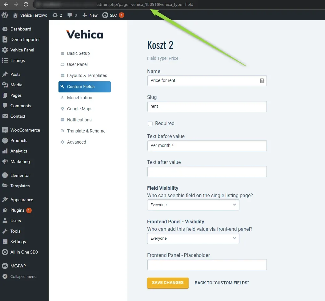 Vehica Panel > Custom Fields editing a price field named "Koszt 2", with Name "Price for rent", slug "rent" and Text before value "Per month /"; an arrow points up at the browser address bar