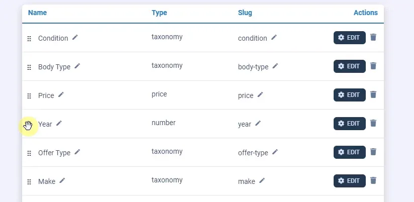 The field table — Condition, Body Type, Price, Year, Offer Type, Make — with the drag handle on the Year row grabbed to move it up or down.