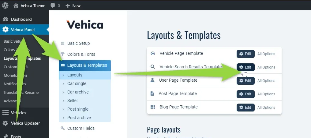 The Layouts & Templates page with an arrow pointing at the Edit button of the Vehicle Search Results Template, among the Vehicle Page, User Page, Post Page and Blog Page templates.