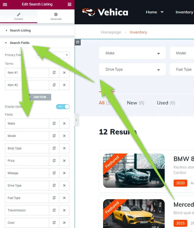The Elementor "Edit Search Listing" panel open on Search Fields, with the list of fields — Make, Model, Body Type, Price, Mileage, Drive Type, Fuel Type, Transmission, Color — beside a preview of the inventory page.