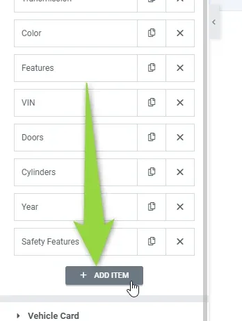 The bottom of the same field list, with an arrow pointing at the Add Item button below the last entry.