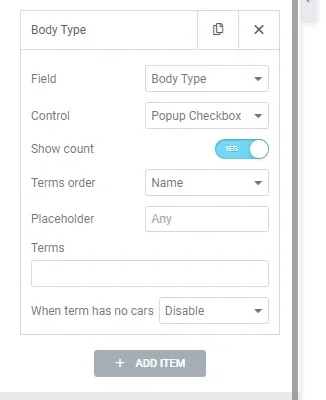 The settings of a single search field: Field set to Body Type, Control set to Popup Checkbox, Show count on, Terms order by Name, and a Placeholder and Terms box.
