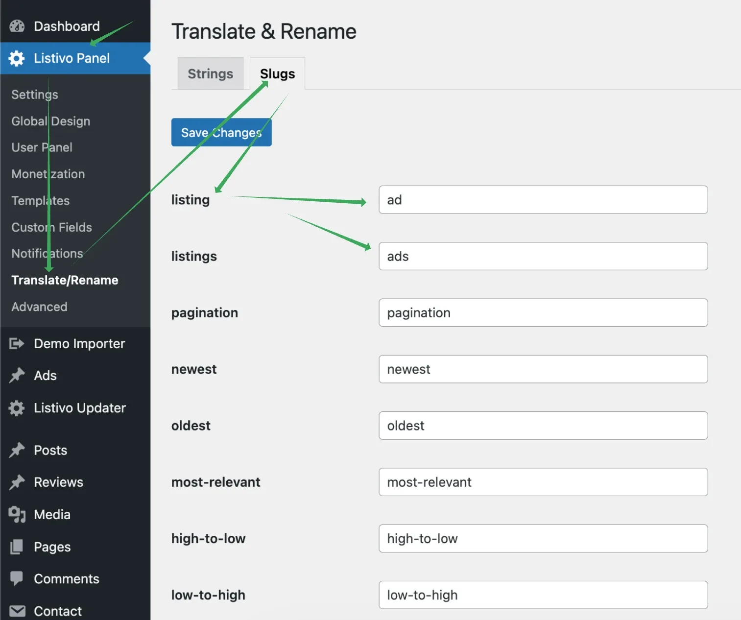 The Slugs tab of Translate & Rename, with "listing" renamed to "ad", "listings" renamed to "ads", and the pagination, newest, oldest and sorting slugs left at their defaults above the Save Changes button.