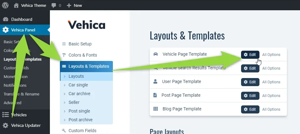 The Layouts & Templates page again, this time with the arrow pointing at the Edit button of the Vehicle Page Template.