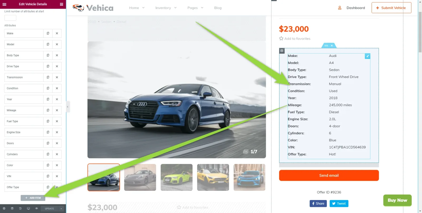 The vehicle page template in Elementor: an "Edit Vehicle Details" panel listing the fields on the left, and a preview of a single listing for a blue Audi at $23,000 whose details table shows make, model, body type, mileage, VIN and the rest.