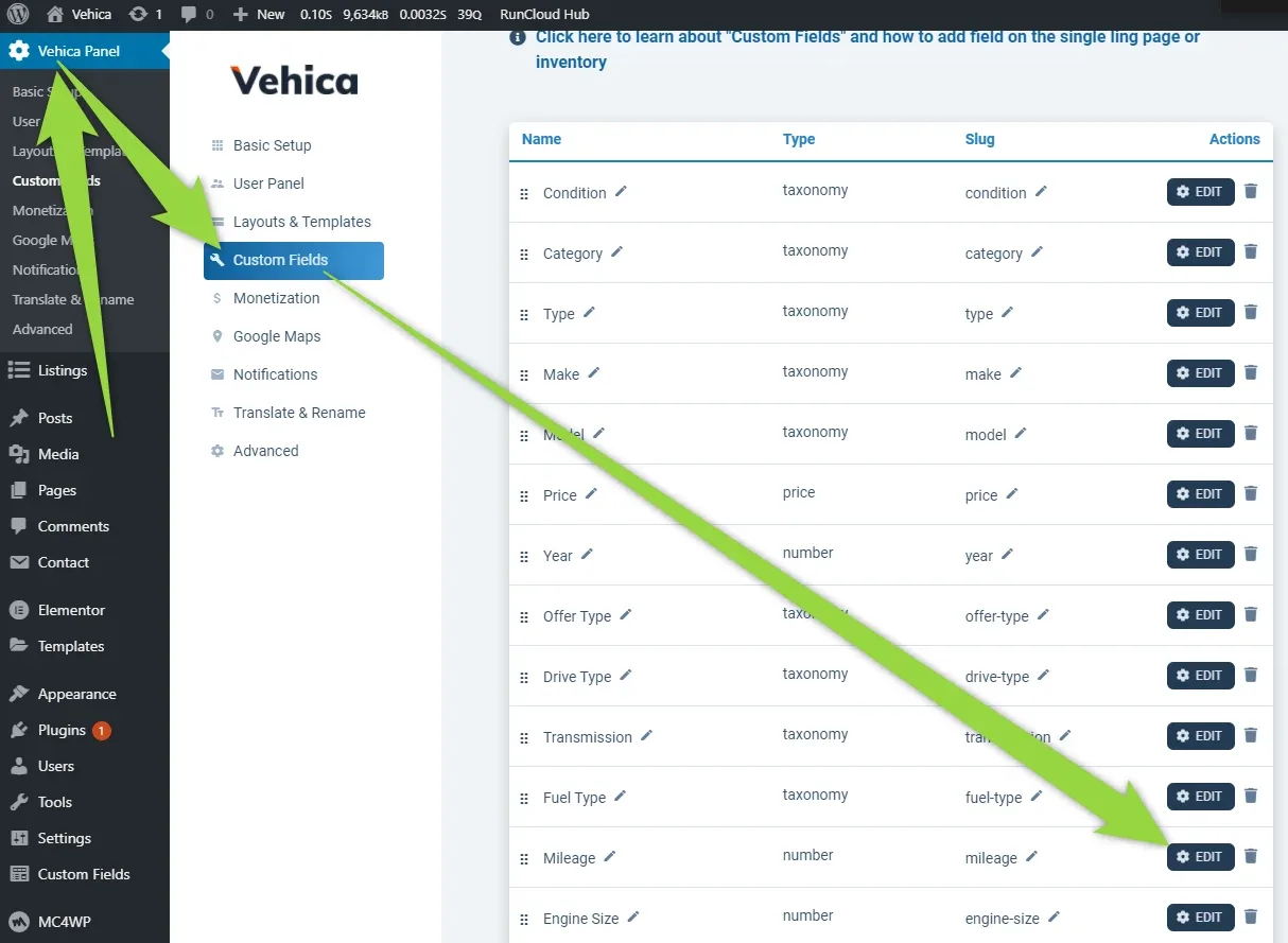 Vehica Panel Custom Fields with the field table — Condition, Category, Type, Make, Model, Price, Year, Offer Type, Drive Type, Transmission, Fuel Type, Mileage, Engine Size — and an arrow pointing at the EDIT button on the Mileage row.