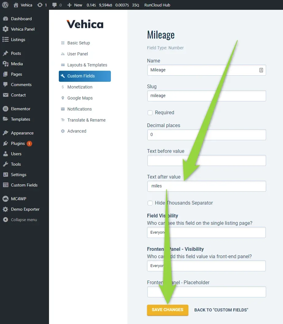 Mileage field settings, field type Number: Decimal places is 0, Text before value is empty and Text after value holds “miles”, above the Field Visibility settings and the SAVE CHANGES button.