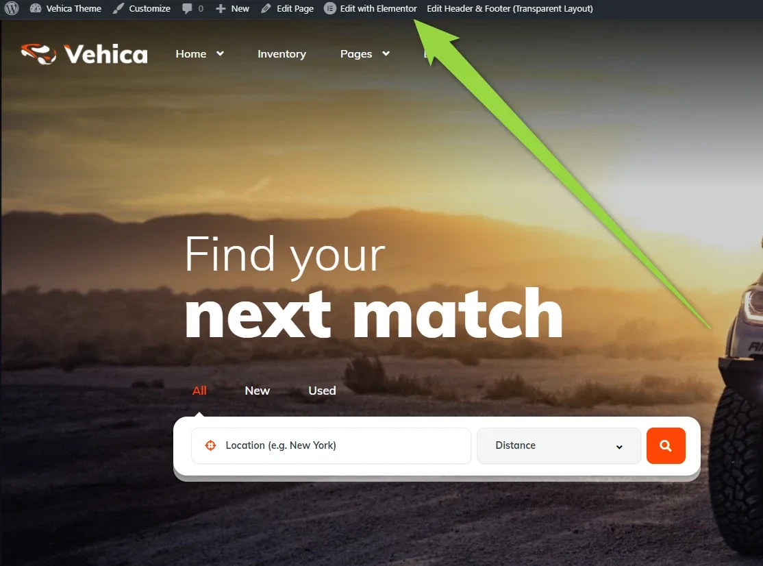 The Vehica homepage with the WordPress admin bar above it and an arrow pointing at “Edit with Elementor”; the hero search bar underneath shows a Location box and a Distance dropdown.