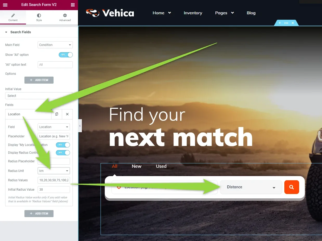 The hero search form open in Elementor: in the left panel the Location field is expanded with Radius Unit set to km and a list of Radius Values, while the preview shows the Distance dropdown in the search bar.