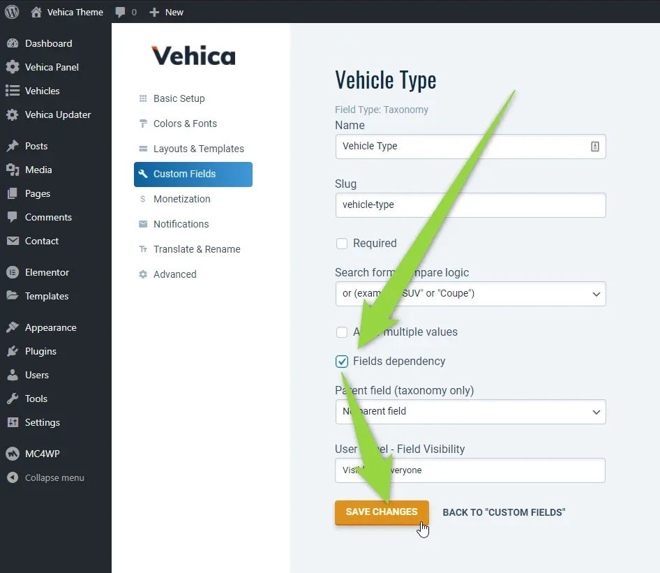 Vehicle Type field settings with the Fields dependency checkbox ticked, above the Parent field and User Panel – Field Visibility selects and the SAVE CHANGES button.