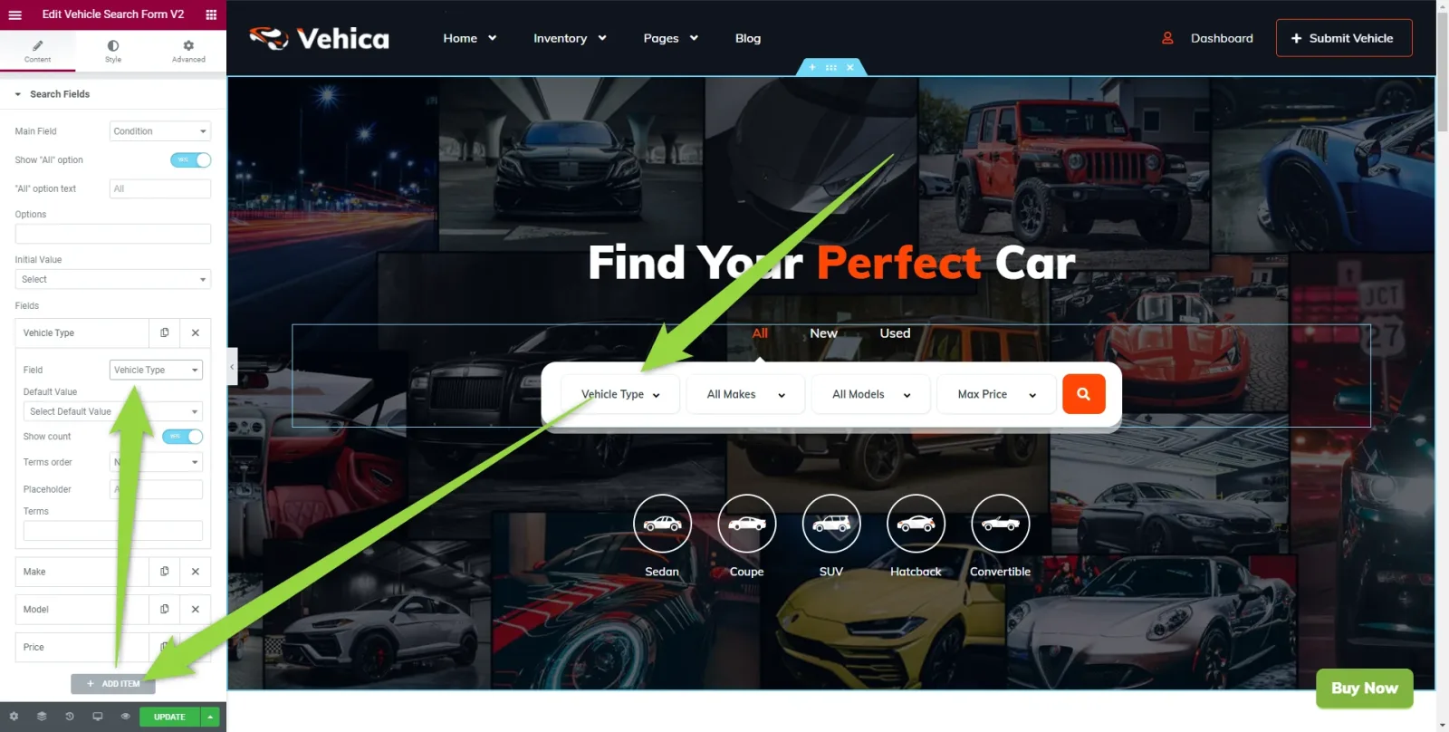 The homepage hero open in Elementor. The left panel lists the search form fields with Vehicle Type added, and the preview shows the “Find Your Perfect Car” search bar with a Vehicle Type dropdown.