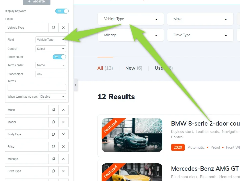 The inventory page in Elementor. The left panel shows the Vehicle Type field settings and the list of search fields; the preview shows Vehicle Type, Make, Mileage and Drive Type dropdowns above “12 Results”.