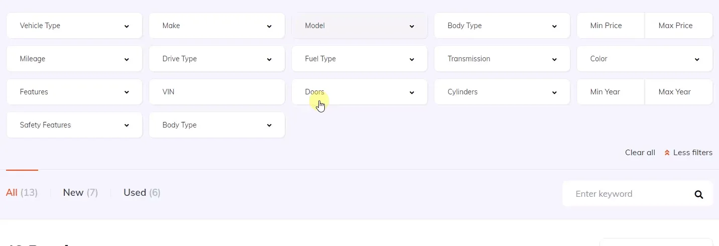 The inventory filter bar with every field still visible — Vehicle Type, Make, Model, Body Type, Mileage, Drive Type, Fuel Type, Transmission, Colour, Features, VIN, Doors, Cylinders and the price and year ranges — with the pointer resting on Doors.