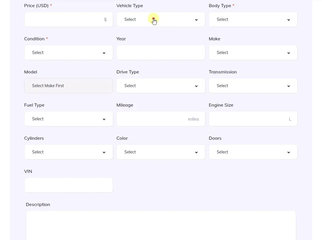 The front-end Submit Vehicle form showing Price, Vehicle Type, Body Type, Condition, Year, Make, Model, Drive Type, Transmission, Fuel Type, Mileage, Engine Size, Cylinders, Colour, Doors and VIN, with the pointer on the Vehicle Type dropdown.