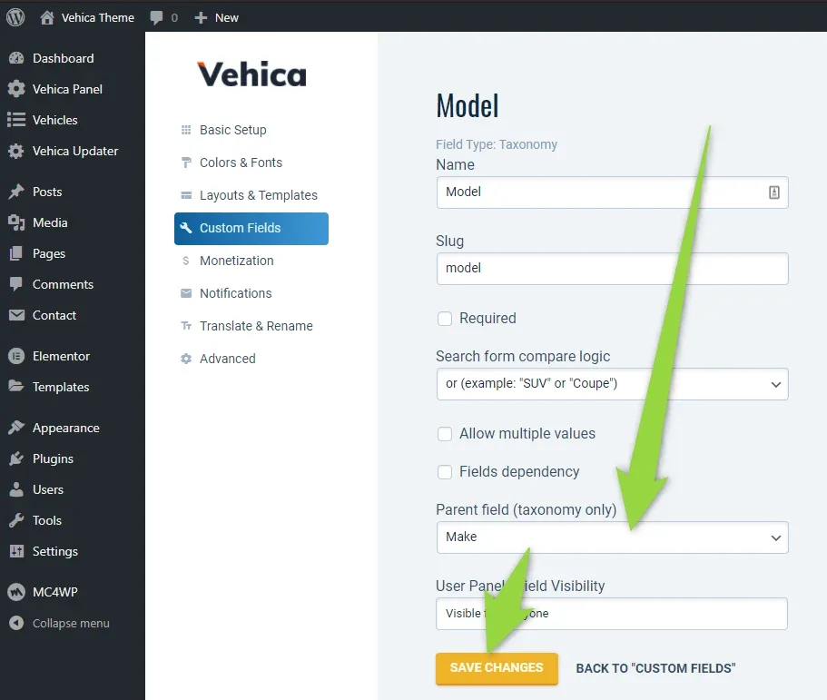 Settings of the Model field (field type: Taxonomy) with “Parent field (taxonomy only)” set to Make, above the SAVE CHANGES button.