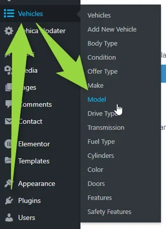 WordPress admin menu with Vehicles expanded; the submenu lists Vehicles, Add New Vehicle, Body Type, Condition, Offer Type, Make, Model, Drive Type and more, with Model hovered.