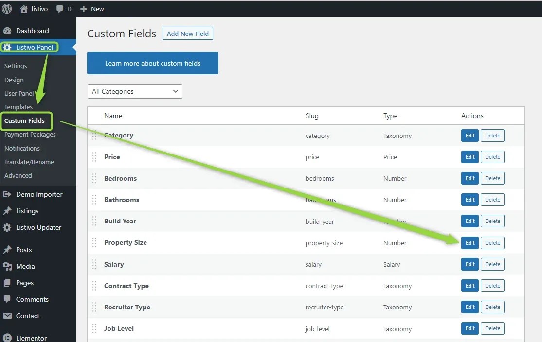 The Custom Fields list in the Listivo Panel — Category, Price, Bedrooms, Bathrooms, Build Year, Property Size, Salary, Contract Type, Recruiter Type and Job Level — with arrows pointing to Custom Fields in the sidebar and to the Edit button on the Property Size row.
