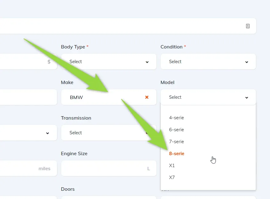 Front-end Submit Vehicle form with Make set to BMW and the Model dropdown open, offering only BMW models: 4-serie, 6-serie, 7-serie, 8-serie, X1 and X7.