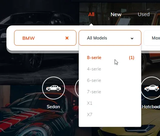 Homepage search form with BMW selected and the models dropdown open. 8-serie is highlighted with a count of (1); 4-serie, 6-serie, 7-serie, X1 and X7 are greyed out because no listing matches them.