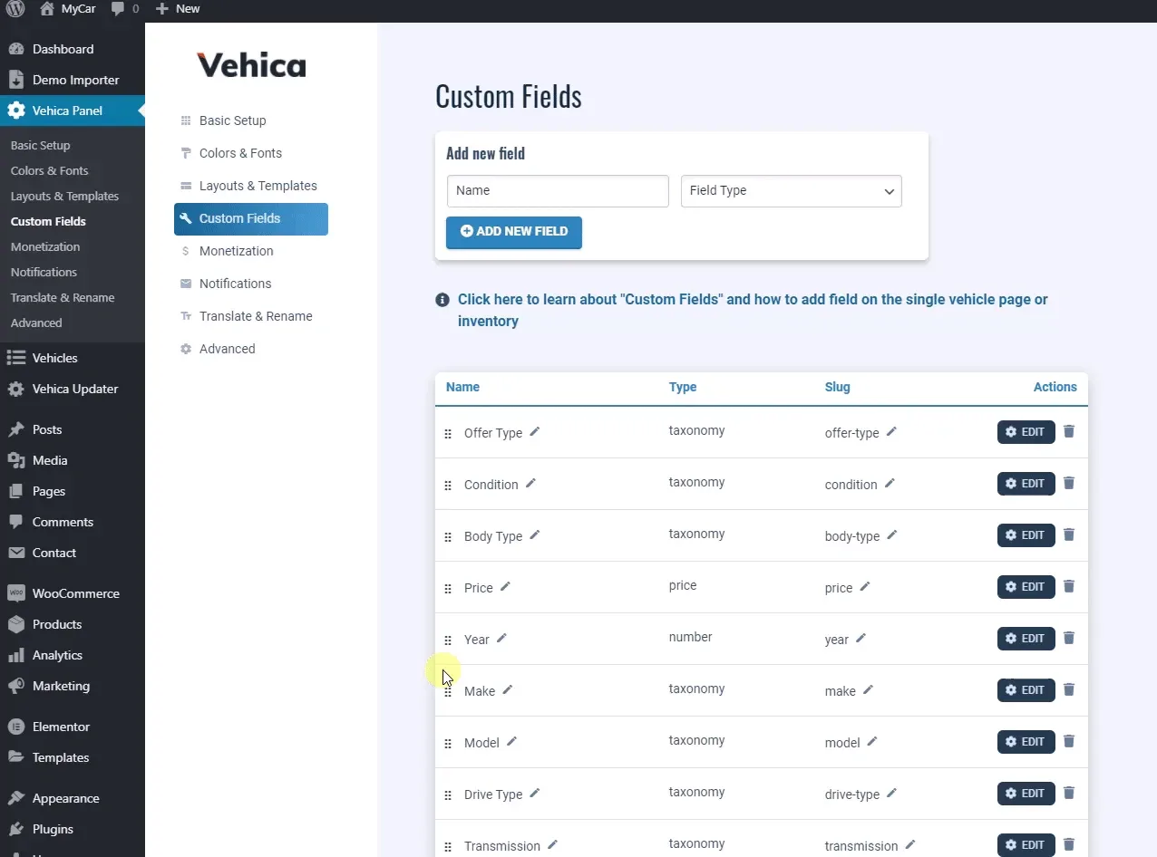 Vehica Panel Custom Fields with the field table — Offer Type, Condition, Body Type, Price, Year, Make, Model, Drive Type, Transmission — and the drag cursor on the handle of the Make row.