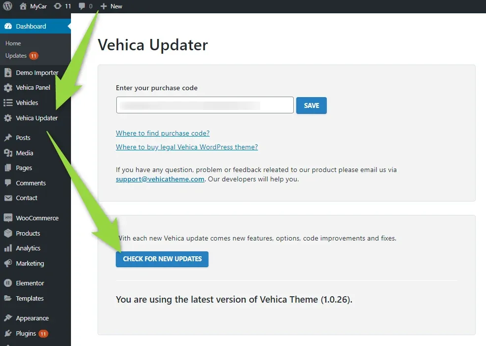 Vehica Updater screen with a purchase code box and SAVE button, the CHECK FOR NEW UPDATES button highlighted, and a line confirming the latest version of Vehica Theme is installed.