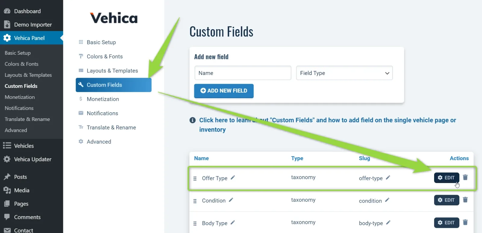 The Custom Fields table after the drag: Offer Type is now the first row, above Condition and Body Type, with an arrow pointing at its EDIT button.