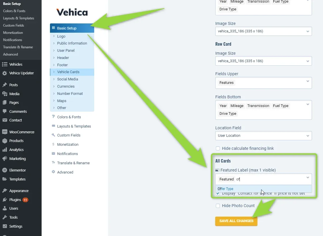 Basic Setup > Vehicle Cards with the All Cards section outlined; the Featured Label (max 1 visible) dropdown is open on Featured and Offer Type, above the SAVE ALL CHANGES button.