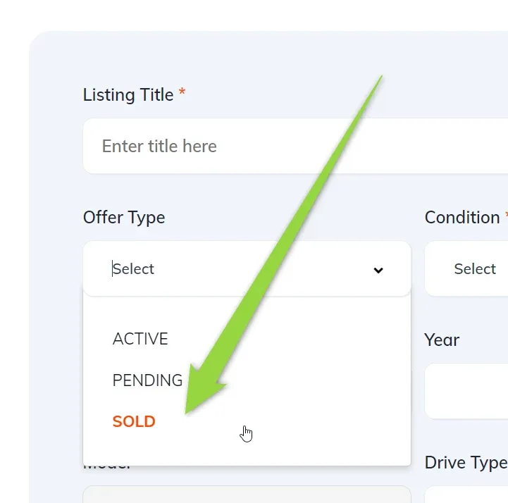 The front-end Submit Vehicle form with the Offer Type dropdown open under Listing Title, offering ACTIVE, PENDING and SOLD, with SOLD highlighted.