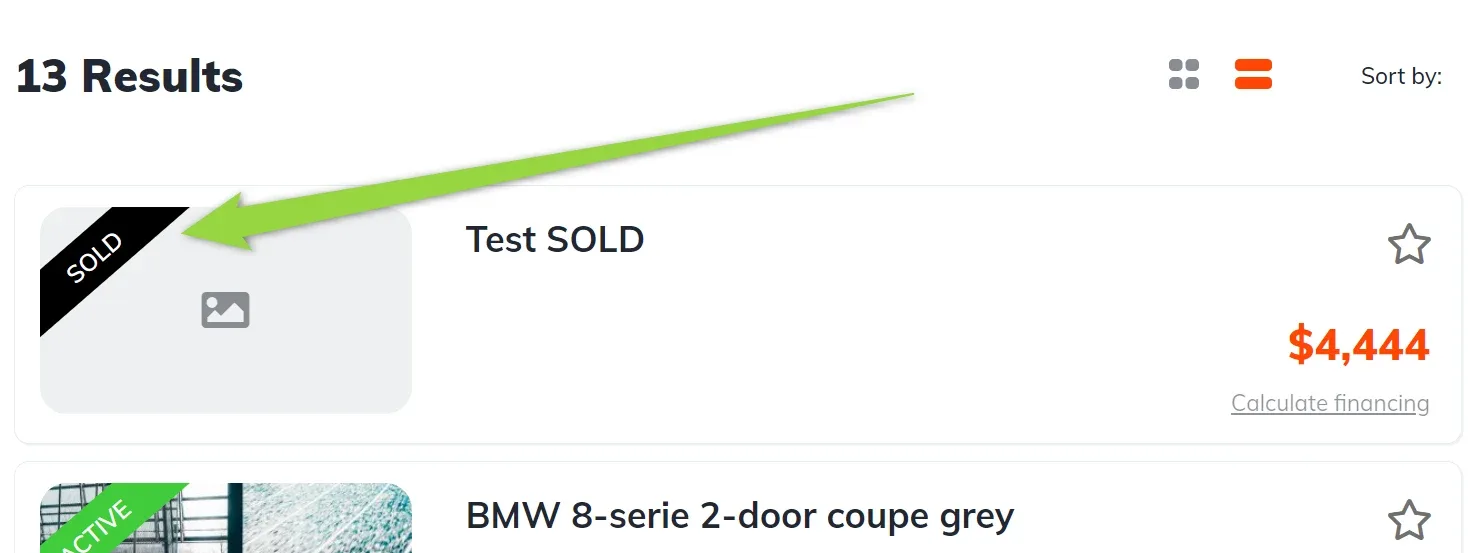 Inventory list headed “13 Results”. The first card, “Test SOLD” at $4,444, carries a black SOLD corner ribbon; the card below shows a green ACTIVE ribbon.