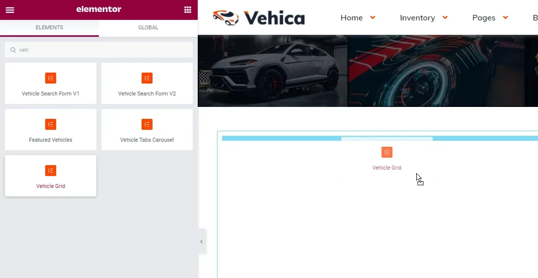 Elementor with the Vehica widgets panel open — Vehicle Search Form V1 and V2, Featured Vehicles, Vehicle Tabs Carousel, Vehicle Grid — and a Vehicle Grid widget dropped onto the page.