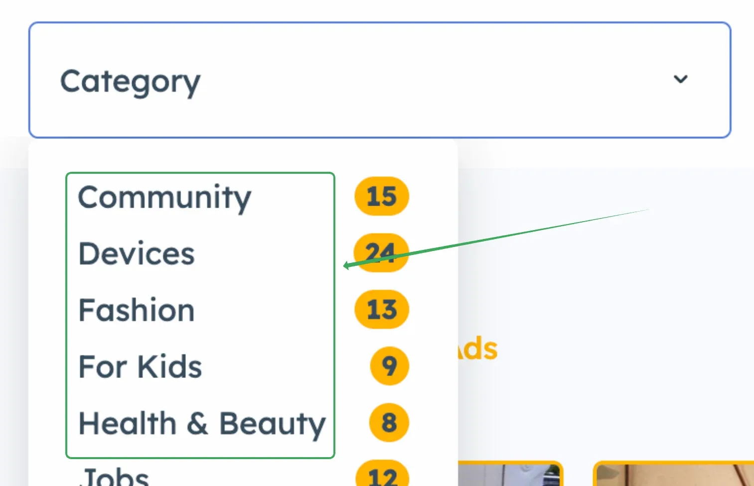 Front-end Category dropdown open, listing Community, Devices, Fashion, For Kids, Health & Beauty and Jobs with the number of ads next to each option.