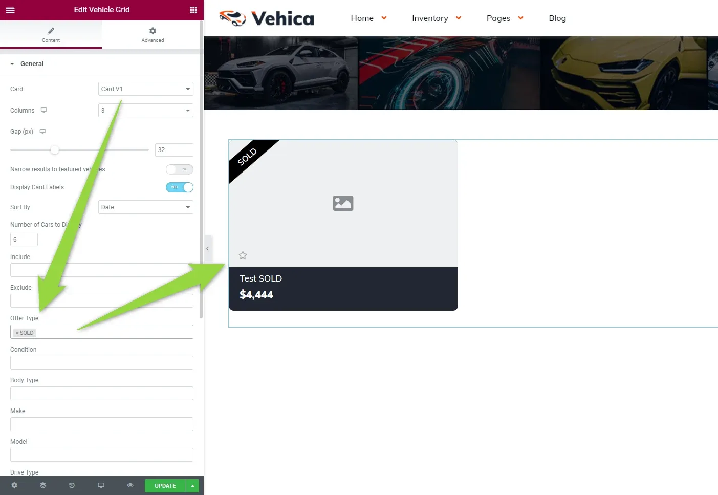 The Edit Vehicle Grid panel with SOLD typed into its Offer Type filter; the preview beside it shows one card, “Test SOLD” at $4,444, with a black SOLD ribbon.