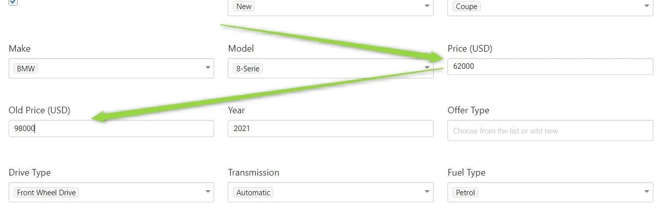 The listing's field boxes with Price (USD) set to 62000 and Old Price (USD) set to 98000, next to Make BMW, Model 8-Serie and Year 2021.