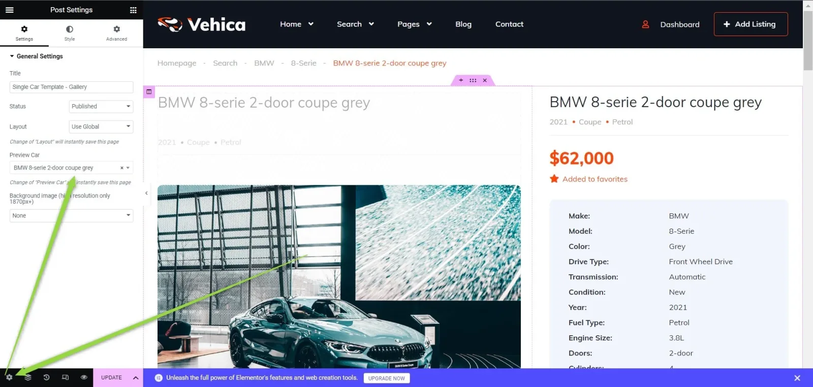 The listing page template open in Elementor, previewing “BMW 8-serie 2-door coupe grey” at $62,000, with the preview-listing settings highlighted in the left panel.