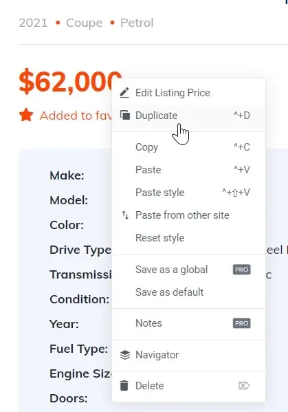 Elementor's right-click menu over the $62,000 price element, with Duplicate (Ctrl+D) hovered, above Copy, Paste, Paste style, Reset style, Navigator and Delete.