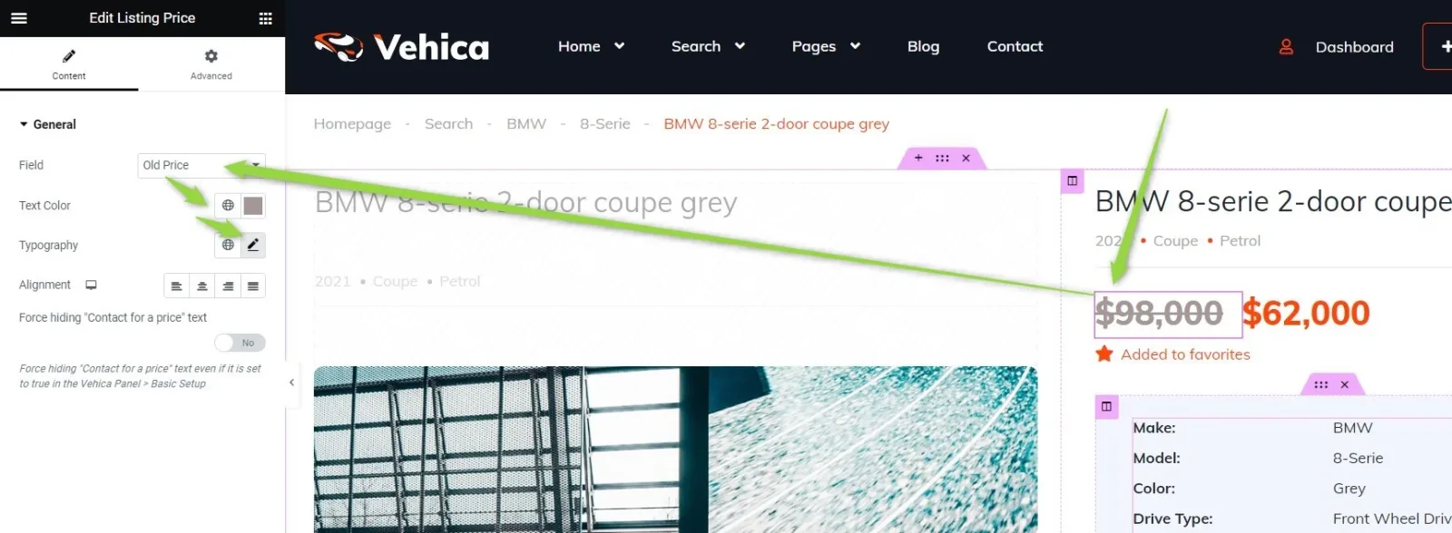 The duplicated element with its Field set to Old Price: the preview now shows $98,000 struck through in grey in front of the orange $62,000.