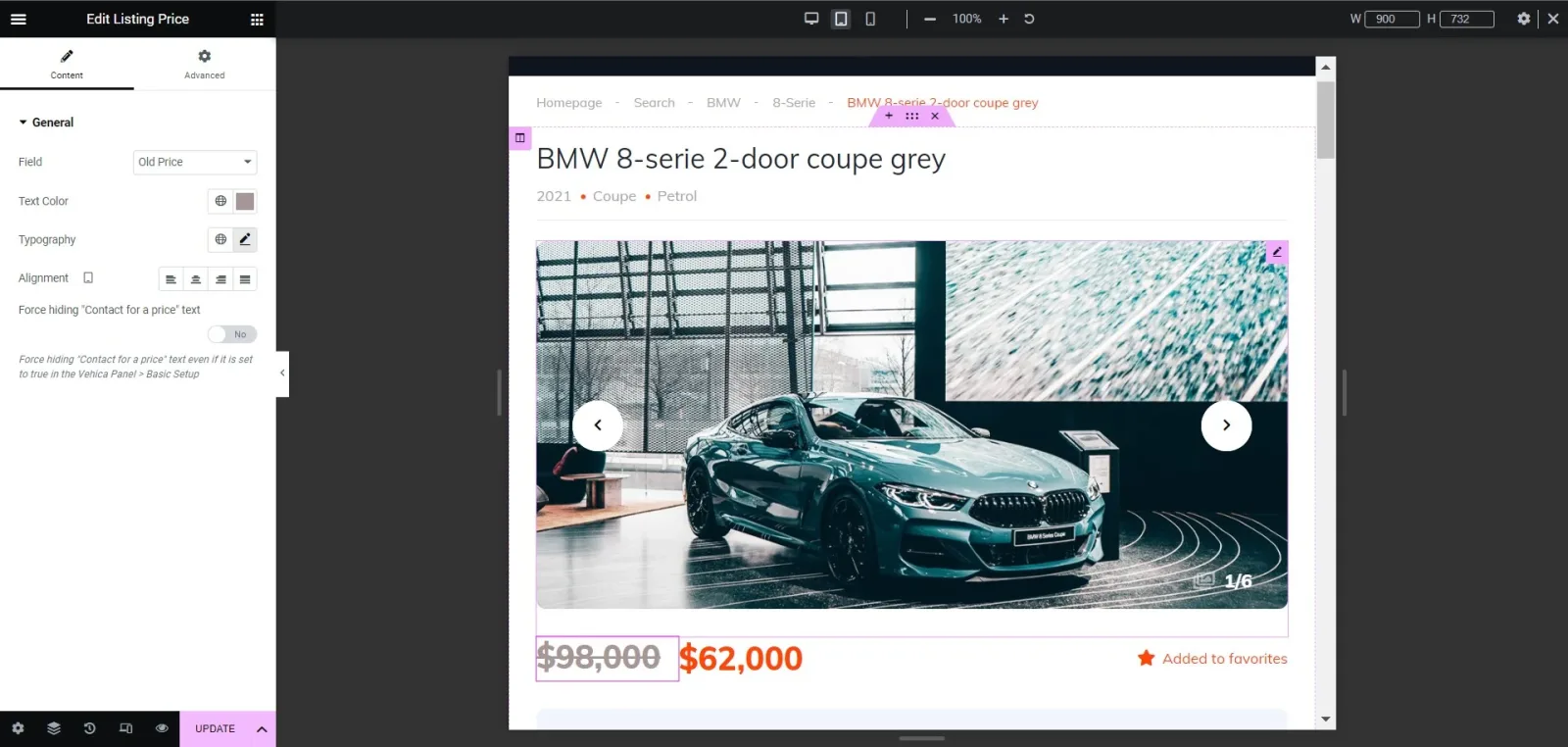 The same template in Elementor at a narrower device width, with $98,000 struck through in front of $62,000 under the listing photo.