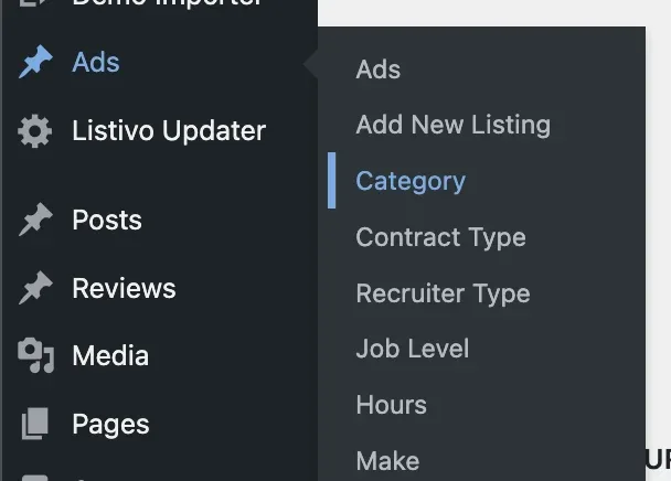 The Ads menu in wp-admin expanded, showing Ads, Add New Listing, Category, Contract Type, Recruiter Type, Job Level, Hours and Make, with Category highlighted.