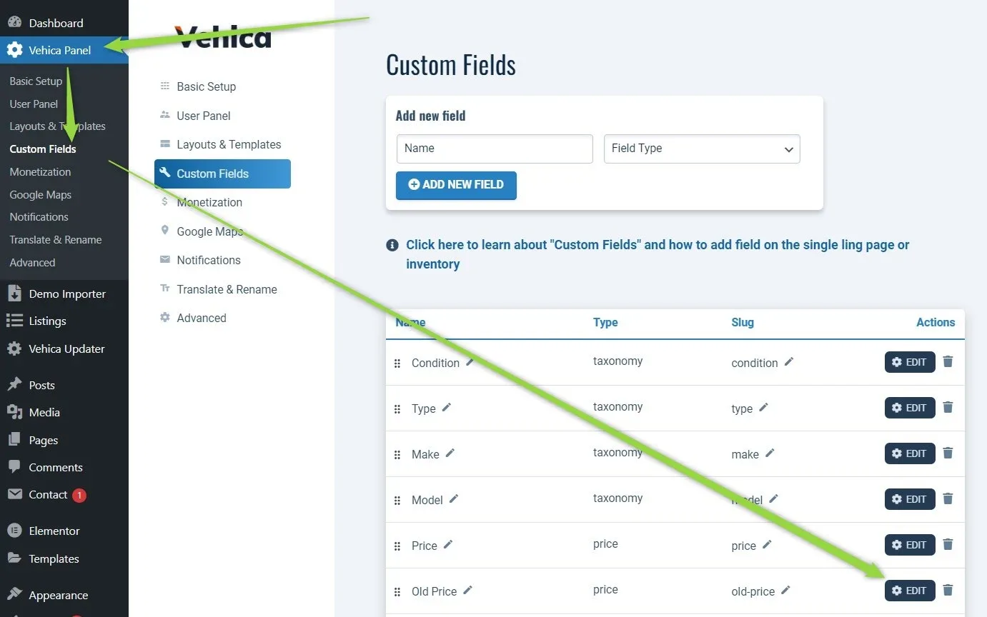 Vehica Panel Custom Fields with the field table — Condition, Type, Make, Model, Price, Old Price — and an arrow pointing at the EDIT button on the Old Price row.